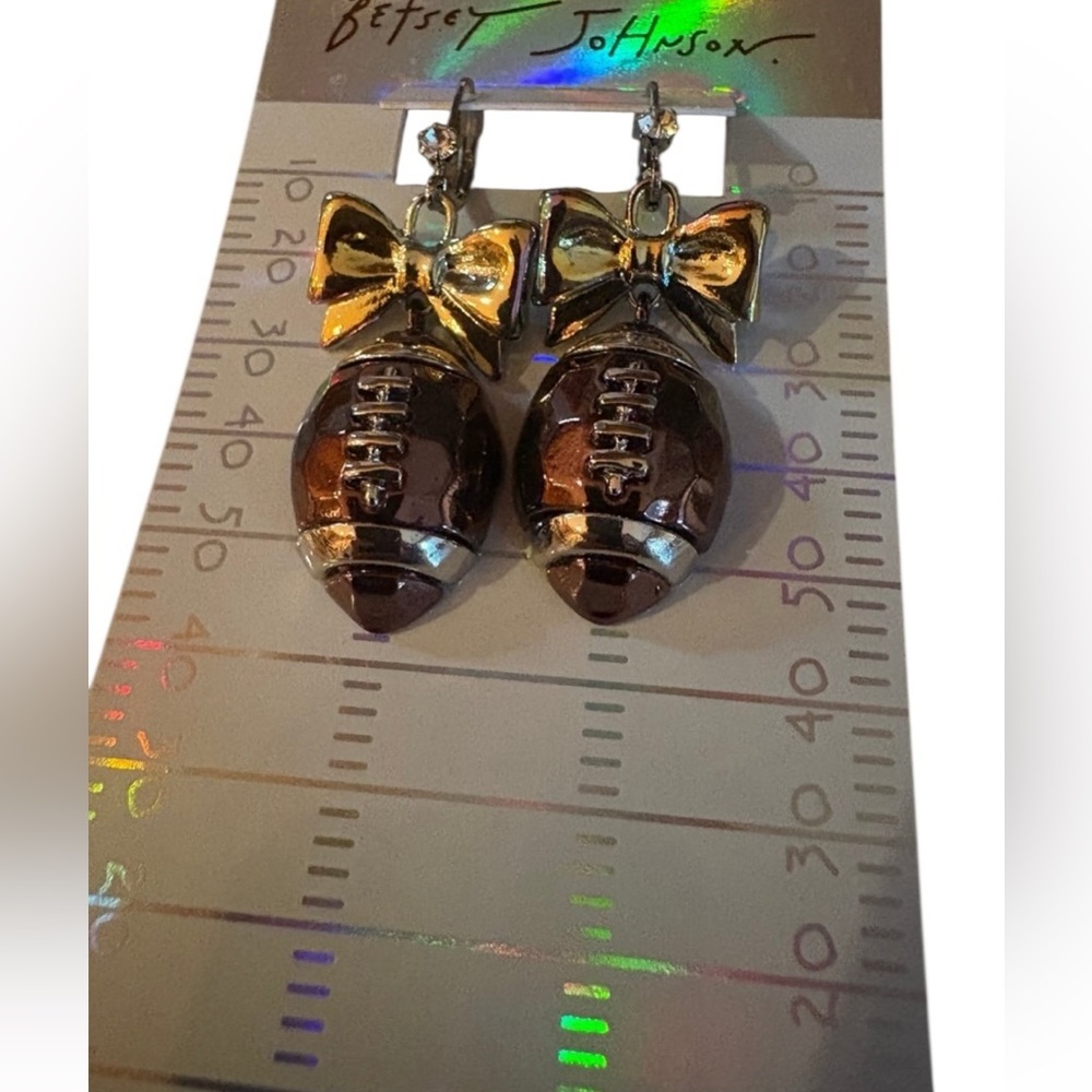 BETSEY JOHNSON Metallic Brown Football & Silver Bow Dangle Drop Earrings NEW NWT